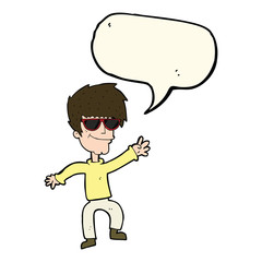 cartoon waving cool guy with speech bubble