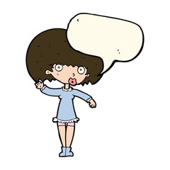 cartoon waving girl with speech bubble