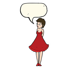 cartoon pretty woman in dress with speech bubble