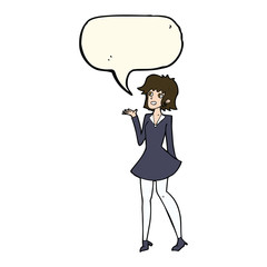 cartoon pretty woman in dress with speech bubble