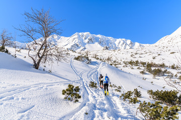 Mountains covered with snow and skiers on winter trail in Rohace valley, Tatra Mountains, Slovakia