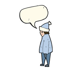 cartoon person in winter clothes with speech bubble