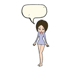 cartoon woman in short dress with speech bubble