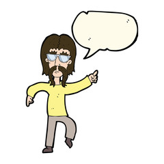 cartoon hippie man wearing glasses with speech bubble