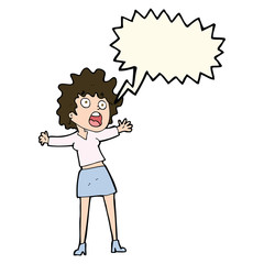 cartoon frightened woman with speech bubble
