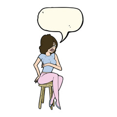 cartoon woman sitting on bar stool with speech bubble