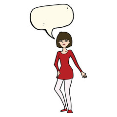cartoon woman in dress with speech bubble