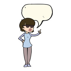 cartoon woman wearing spectacles with speech bubble