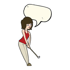 cartoon woman playing golf with speech bubble