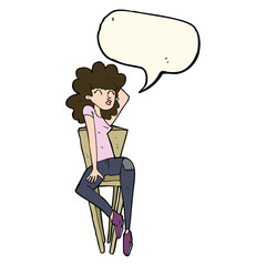 cartoon woman posing on chair with speech bubble