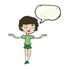 cartoon woman spreading arms with speech bubble