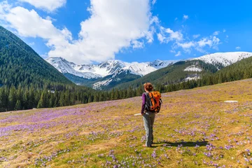 Fotobehang Krokus Young woman tourist standing on pasture with blooming crocus flowers in Chocholowska valley, Tatra Mountains, Poland  © pkazmierczak