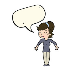 cartoon friendly woman shrugging shoulders with speech bubble