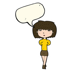 cartoon shy woman with speech bubble
