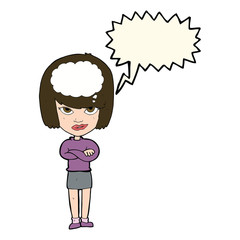 cartoon woman with folded arms imagining with speech bubble