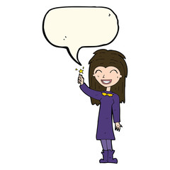 cartoon friendly witch girl with speech bubble