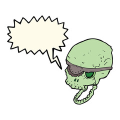 cartoon spooky skull with eye patch with speech bubble