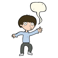 cartoon boy waving warning with speech bubble