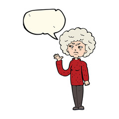 cartoon annoyed old woman waving with speech bubble