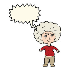 cartoon annoyed old woman with speech bubble