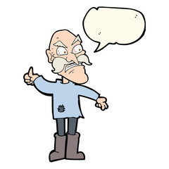 cartoon angry old man in patched clothing with speech bubble