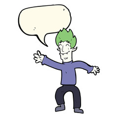 cartoon happy vampire man with speech bubble
