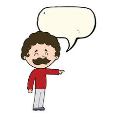 cartoon man with mustache pointing with speech bubble