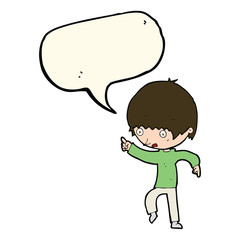cartoon worried boy pointing with speech bubble