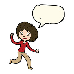 cartoon happy waving girl with speech bubble