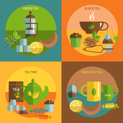 Tea time 4 flat icons square composition
