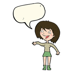 cartoon waving woman with speech bubble