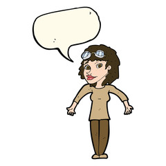 cartoon woman wearing goggles with speech bubble