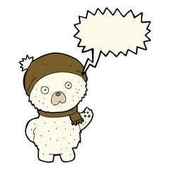 cartoon cute polar bear in winter hat and scarf with speech bubb