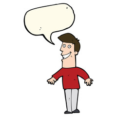 cartoon grinning man with speech bubble