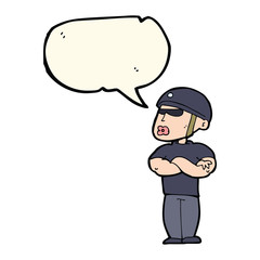 cartoon security guard with speech bubble