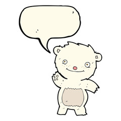 cartoon waving polar bear cub with speech bubble