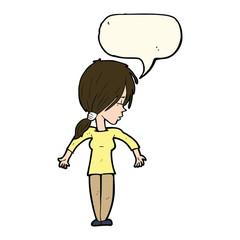 cartoon woman shrugging shoulders with speech bubble