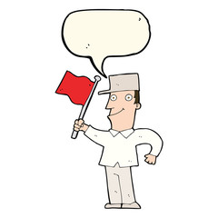 cartoon man waving flag with speech bubble