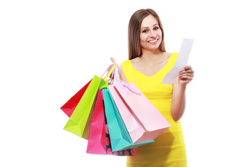 woman holding bags receipt