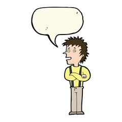 cartoon boy with folded arms with speech bubble