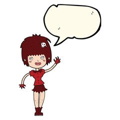 cartoon waving vampire girl with speech bubble