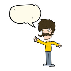 cartoon waving mustache man with speech bubble