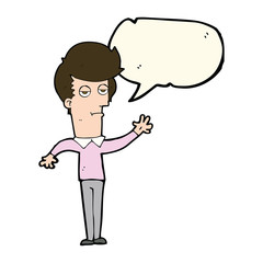 cartoon bored man waving with speech bubble