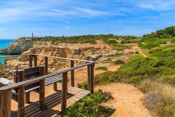 Fototapeta na wymiar Rest place on cliff path on coast of Portugal, Algarve region