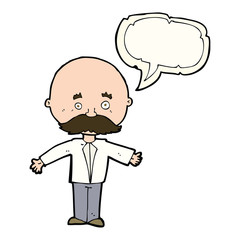 cartoon man with mustache with speech bubble
