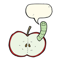 cartoon apple with worm with speech bubble
