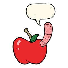 cartoon apple with worm with speech bubble