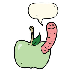 cartoon apple with worm with speech bubble