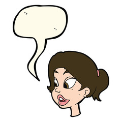 cartoon friendly woman with speech bubble