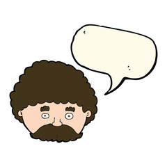 cartoon man with mustache with speech bubble
